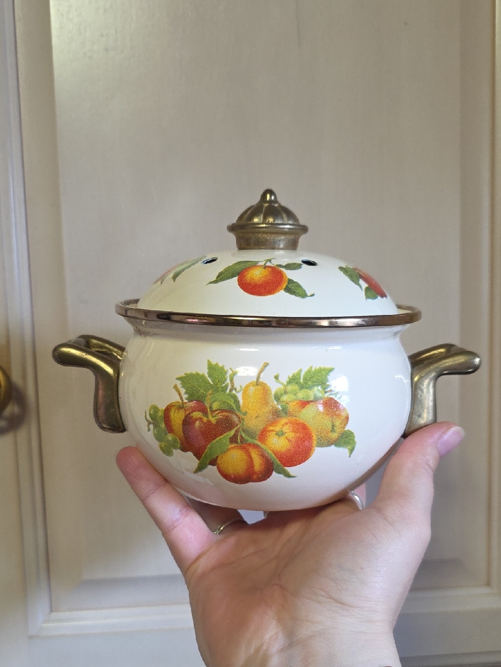 Vintage Fruit Motif Covered Miny Pot with Brass Handles